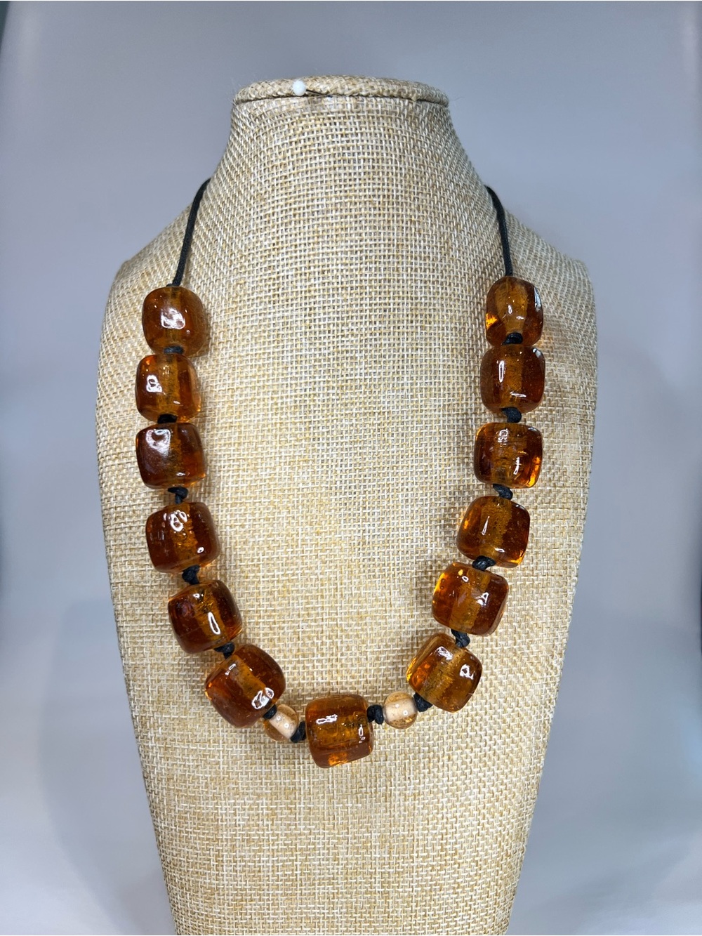 Chunky Amber glass statement heavy adjustable hand knottedb black cord necklace